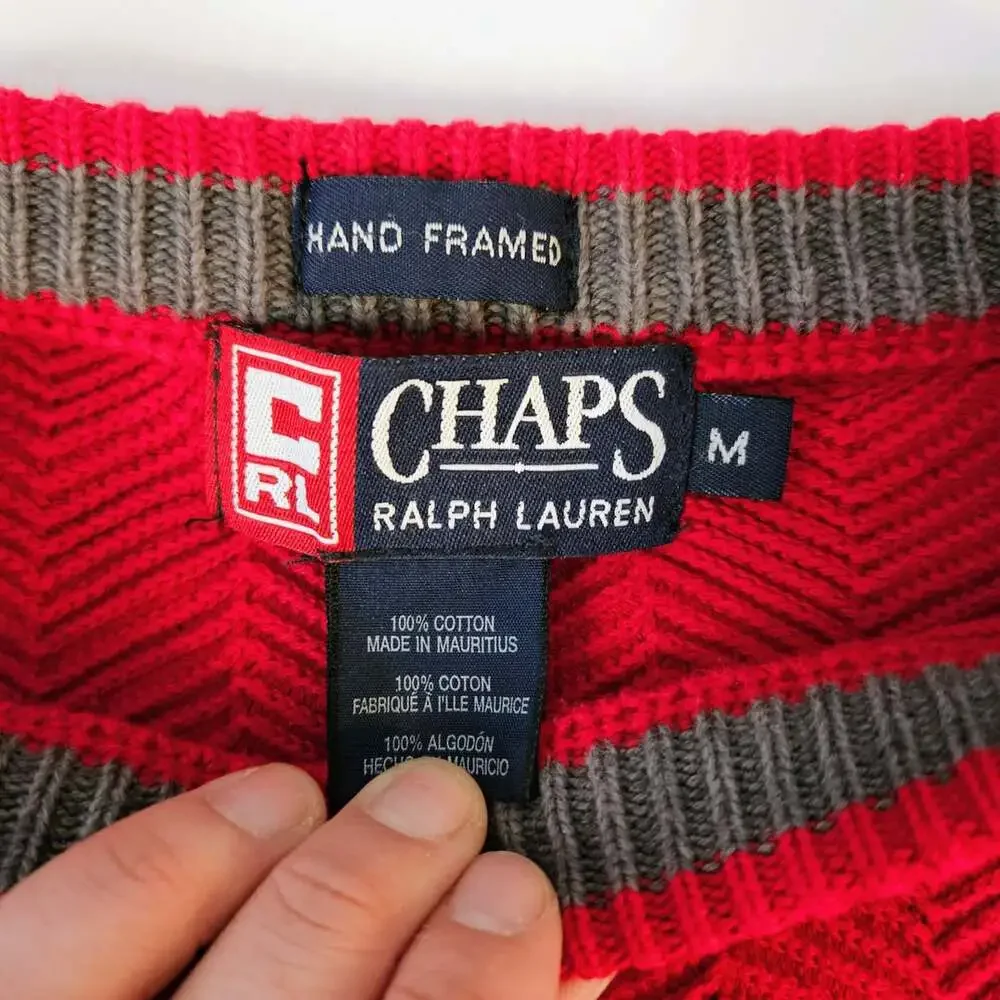 Chaps Ralph Lauren Sweater Size M Red Herringbone Hand Framed Vintage
